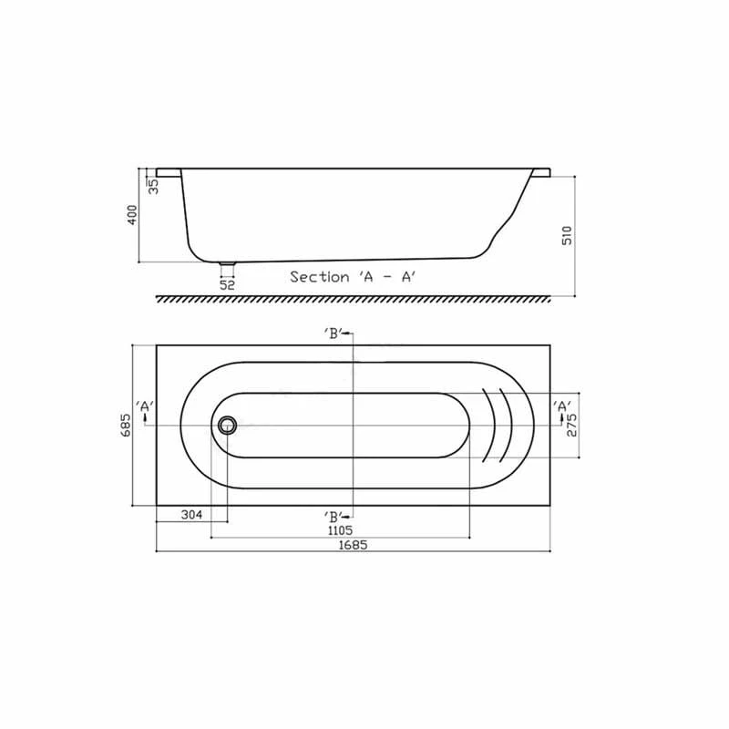 Essential KINGSTON Rectangular Single Ended Bath 1700x700mm 0 Tap Holes - EB502 - Image 2