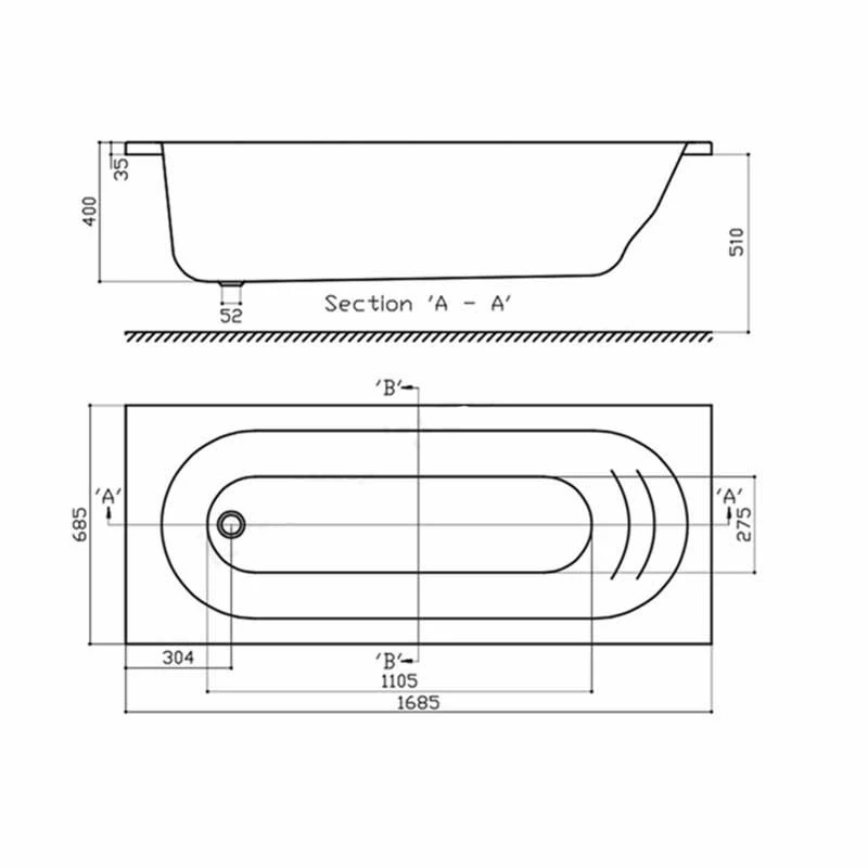 Essential KINGSTON Rectangular Single Ended Bath Quartz 1700x700mm 0 Tap Holes - EB506 - Image 2