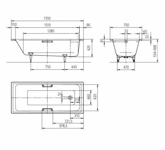 Kaldewei Puro Star 1700x750mm Single Ended Bath With Full Anti Slip - 2TH - Alpine White - 255426090001 - Image 2