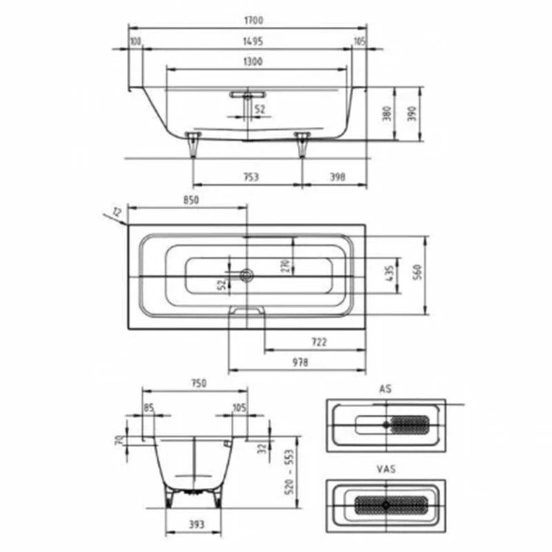 Kaldewei Puro Set 1700x750mm Wide Double Ended Bath With LH Overflow - Alpine White - 261100010001 - Image 2