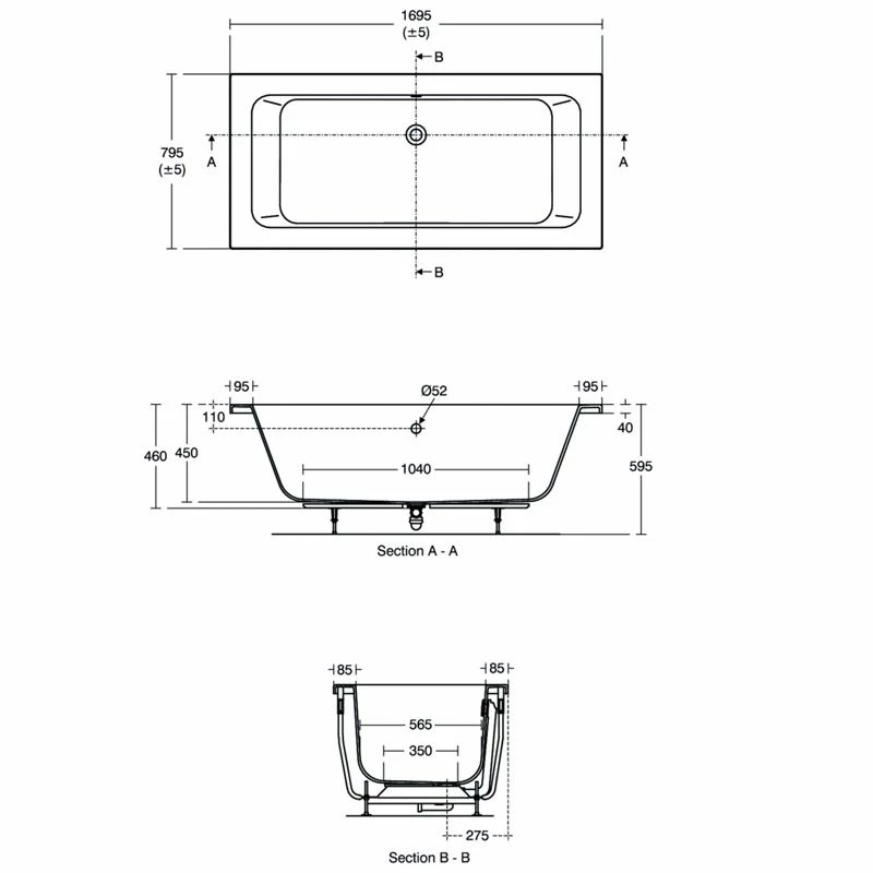 Ideal Standard Tempo Cube 1700x800mm Idealform Plus+ Double Ended Bath - White - E146601 - Image 2