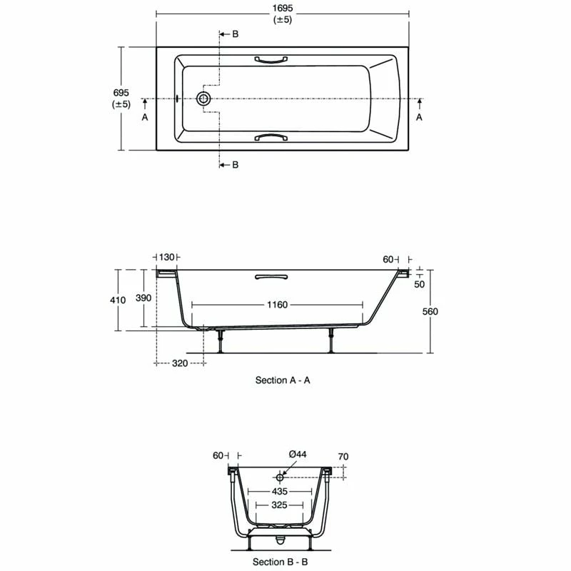 Ideal Standard Tempo Arc 1700x700mm Idealform Plus+ Bath With Chrome Handgrips - White - E155901 - Image 2