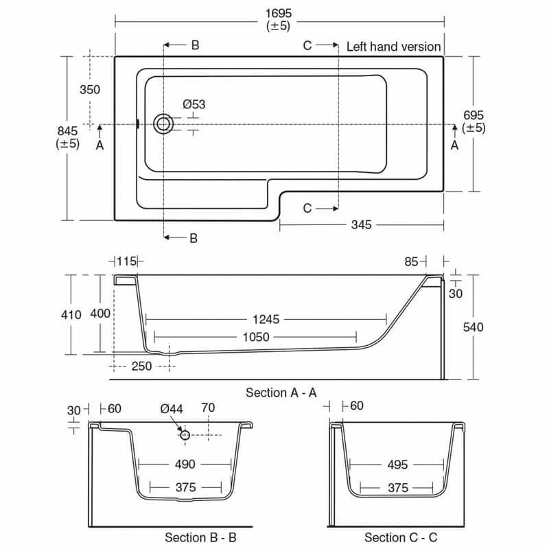 Ideal Standard Tempo Cube 1700x850mm Idealform Plus+ Right Hand Shower Bath - White - E259801 - Image 2
