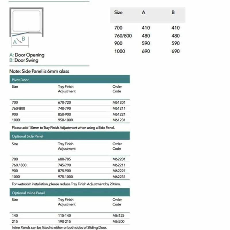 Merlyn 6 Series Pivot Shower Door And Inline Panel - 700mm Shower Door 690-740mm - M61201H - Image 5