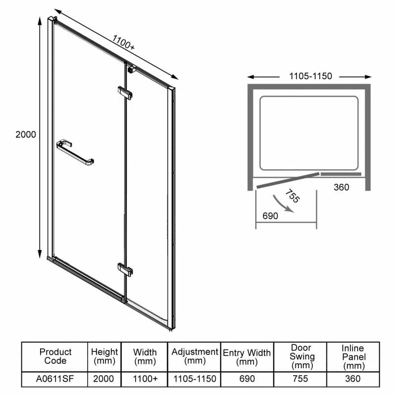 Merlyn 8 Series Frameless Hinge & Inline Shower Door 1100+mm - A0611SF - Image 6