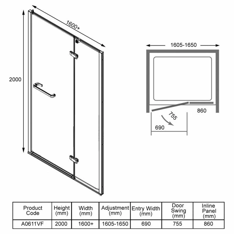 Merlyn 8 Series Frameless Hinge & Inline Shower Door 1600+mm - A0611VF - Image 6