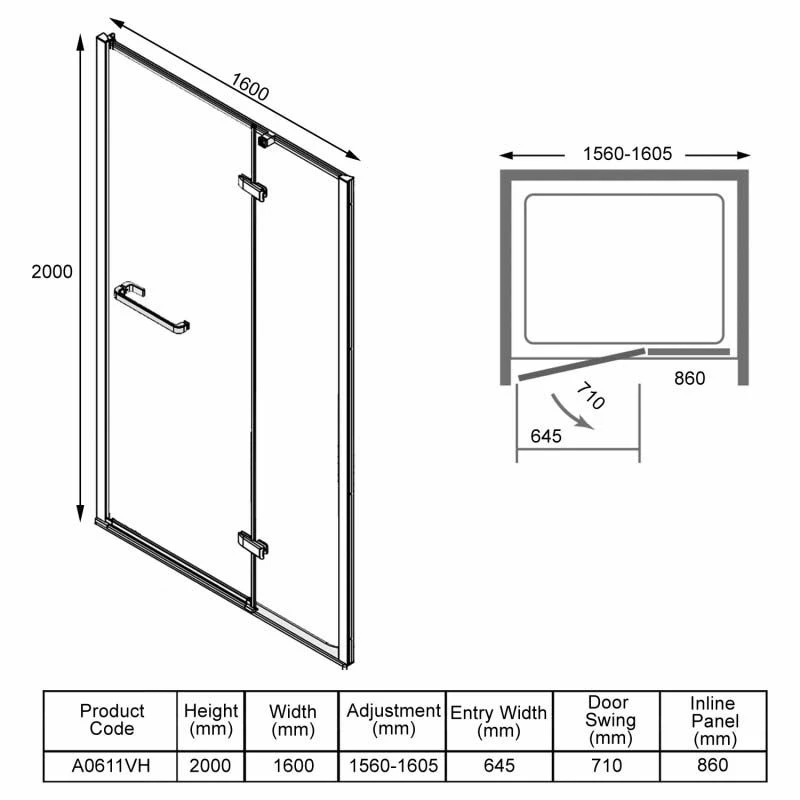 Merlyn 8 Series Frameless Hinge & Inline Recess Shower Door 1600mm - A0611VH - Image 6