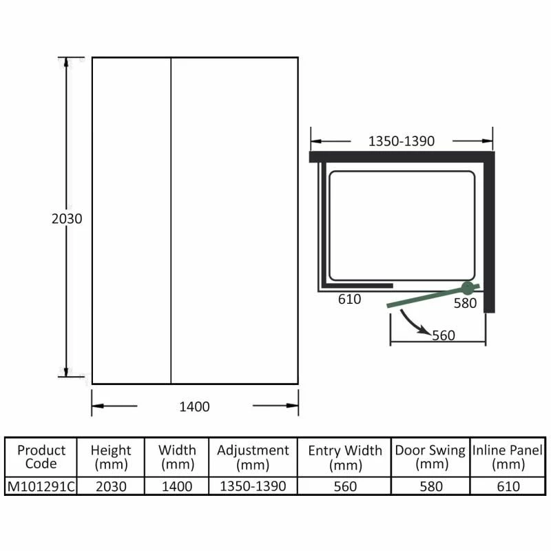 Merlyn 10 Series Pivot Shower Door & Inline Panel 1400mm - M101291C - Image 4
