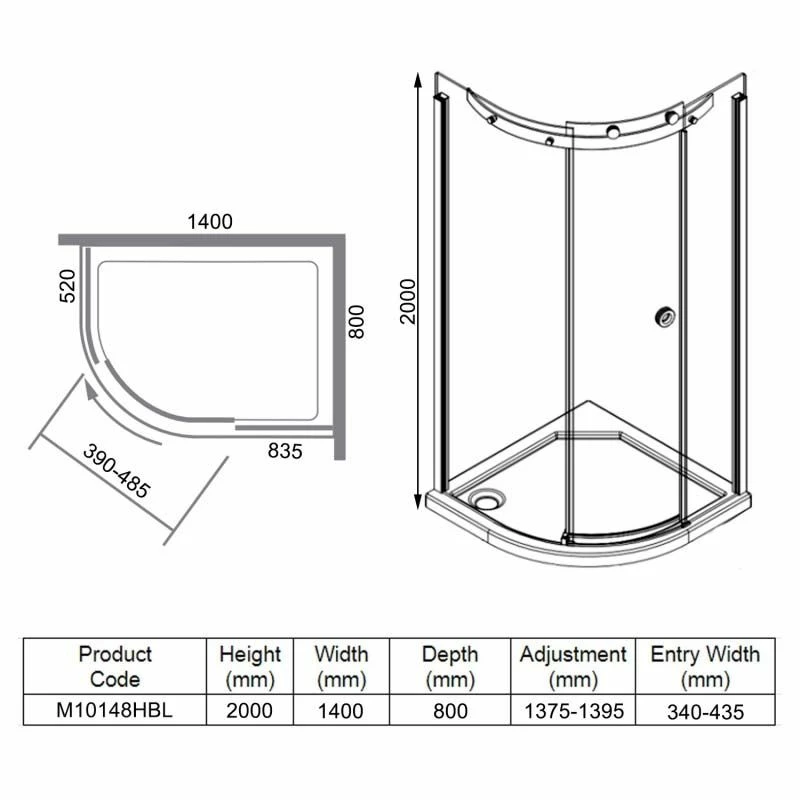 Merlyn 10 Series 1 Door Offset Quadrant Shower Enclosure Left Hand With Tray 1400 X 800mm - M10148HBL - Image 6