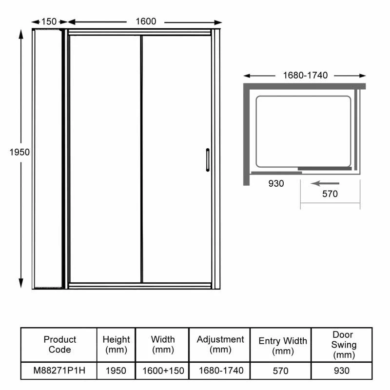 Merlyn 8 Series Sliding Shower Door And Inline Panel 1700mm+ Wide - 1680-1740mm - M88271P1H - Image 3