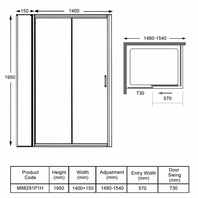 Merlyn 8 Series Sliding Shower Door And Inline Panel 1500mm+ Wide - 1480-1540mm - M88291P1H - Image 3