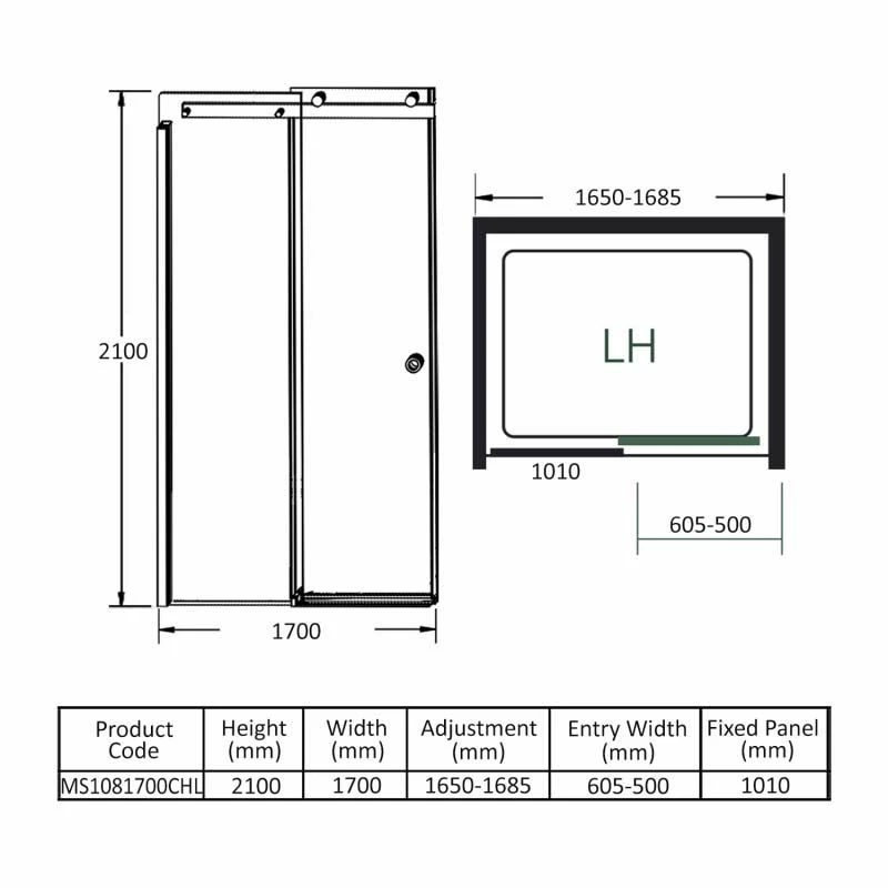 Merlyn 10 Series Sliding Shower Door Left Hand With Tray 1700mm - MS1081700CHL - Image 8