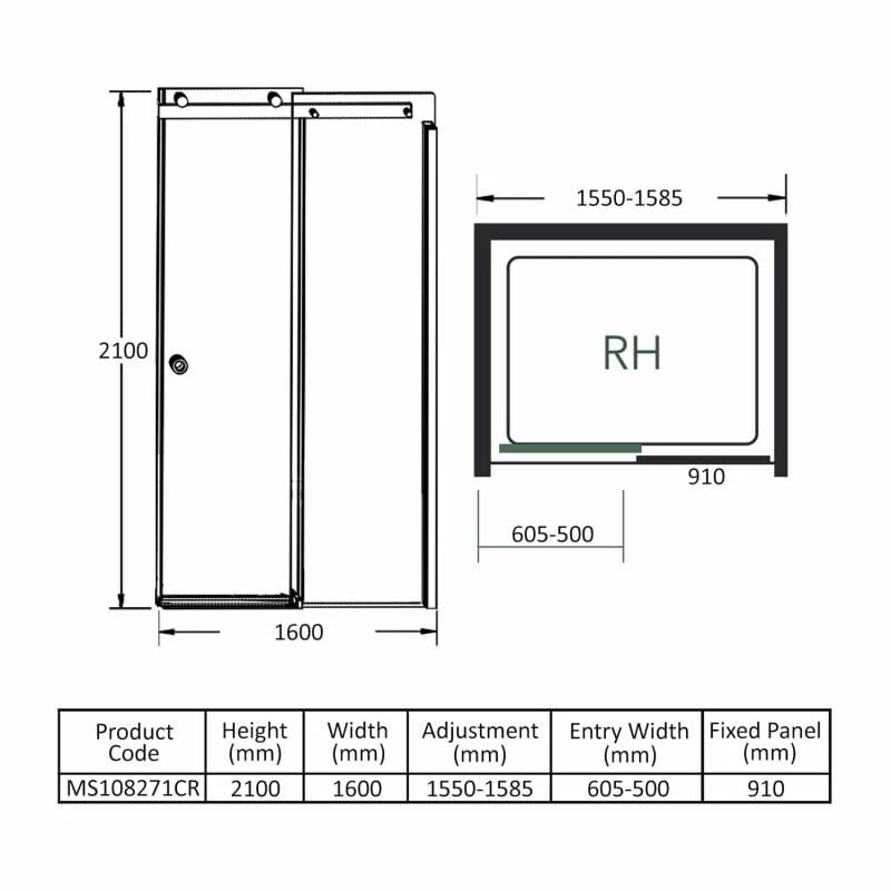 Merlyn 10 Series Sliding Shower Door Right Hand With Tray 1600mm - MS108271CR - Image 8