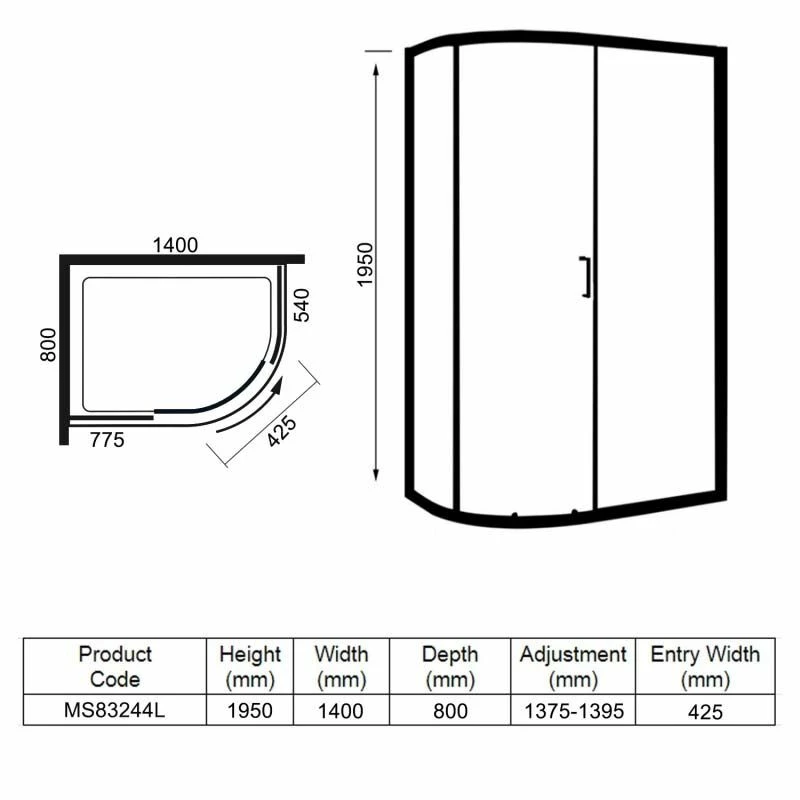 Merlyn 8 Series 1 Door Offset Quadrant Left Hand With Tray 1400 X 800mm - MS83244L - Image 3