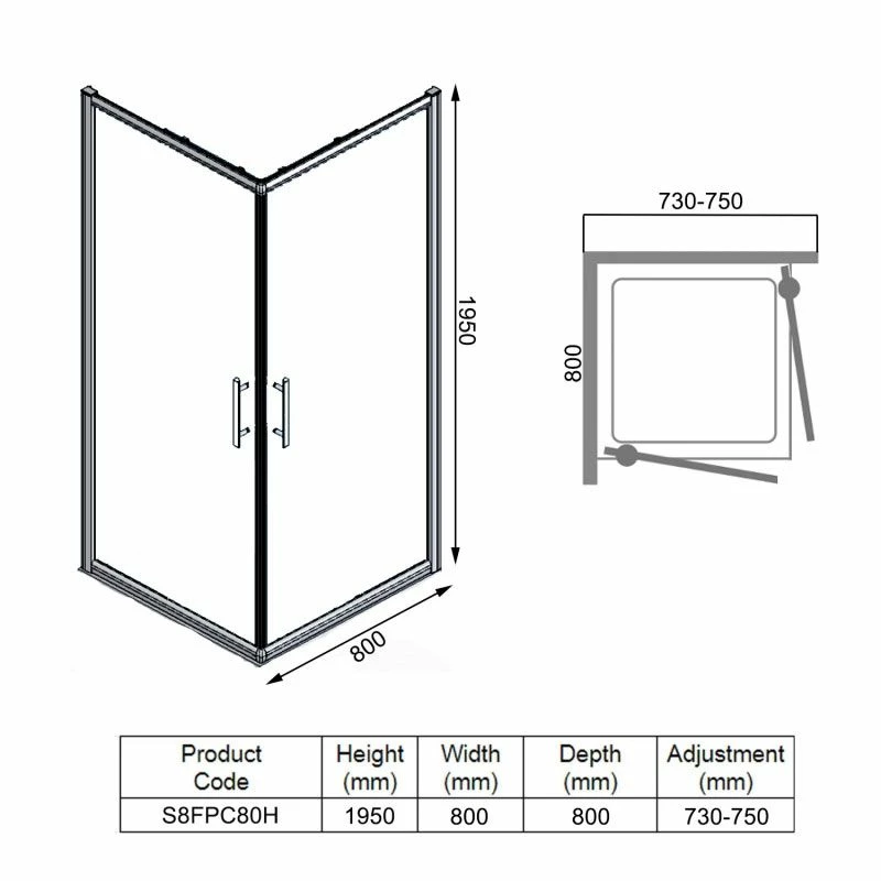 Merlyn 8 Series Frameless Double Pivot Shower Wall 800 X 800mm - S8FPC80H - Image 6
