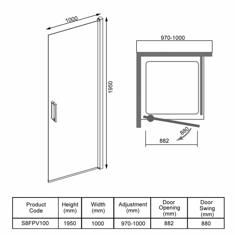 Merlyn 8 Series Frameless Pivot Shower Door 1000mm - S8FPV100 - Image 6