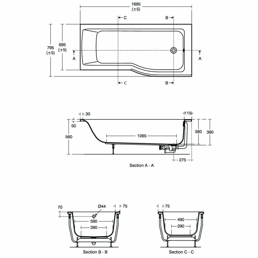 Ideal Standard Connect Air 1700x800mm Idealform Plus+ Left Hand Shower Bath - White - E114301 - Image 2