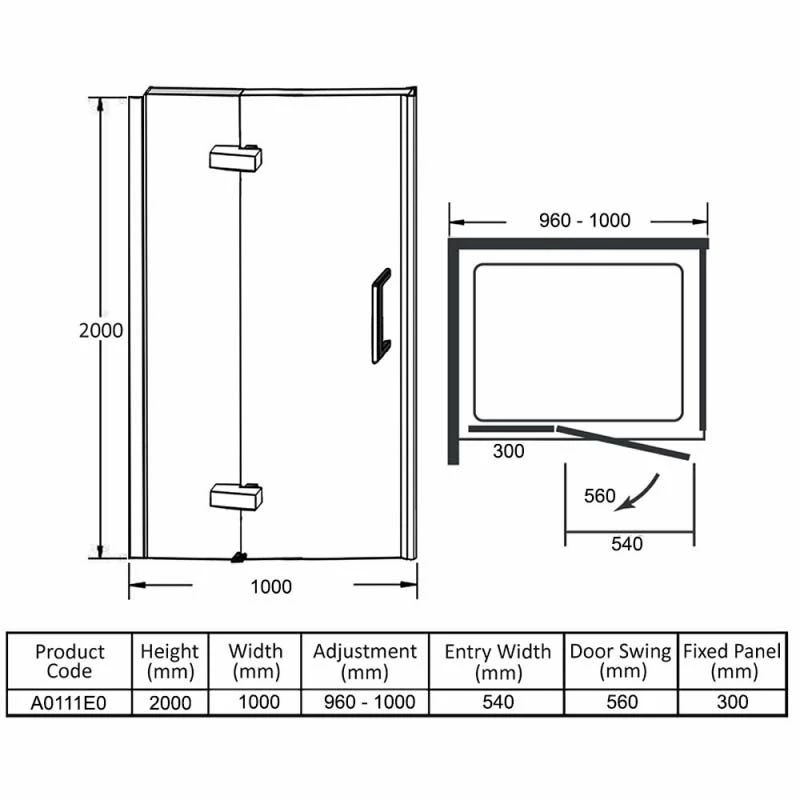 Merlyn Ionic Essence Frameless Hinge Recess Shower Door & Inline Panel 1000mm - A0111E0 - Image 3
