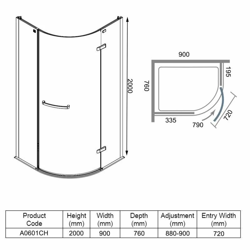 Merlyn 8 Series Frameless 1 Door Offset Quadrant Shower Enclosure 900 X 760mm - A0601CH - Image 4