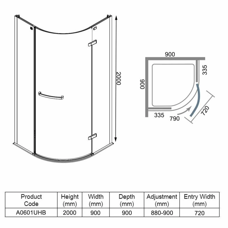 Merlyn 8 Series Frameless 1 Door Quadrant Shower Enclosure With Tray 900mm - A0601UHB - Image 4