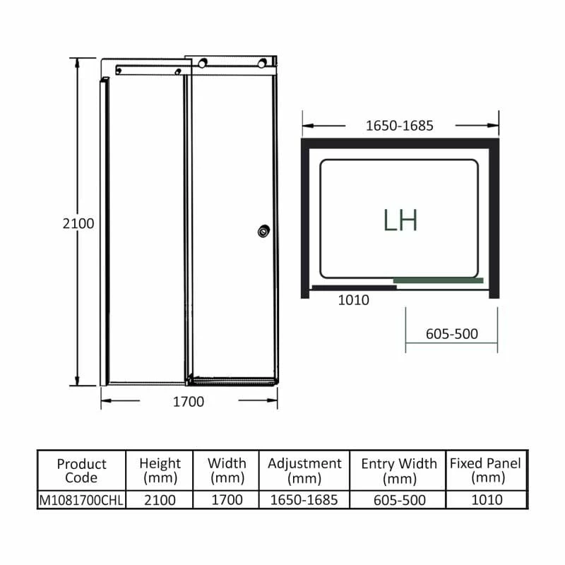 Merlyn 10 Series Sliding Shower Door Left Hand 1700mm - M1081700CHL - Image 6