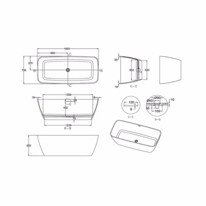 Clearwater Vicenza Natural Stone Freestanding Bath 1600 X 750mm - N6D - Image 4