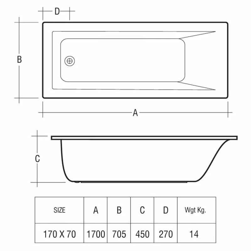 RAK Ceramics Metropolitan Single Ended Rectangular Bath 1700 X 700mm - BT57AWHA - Image 2