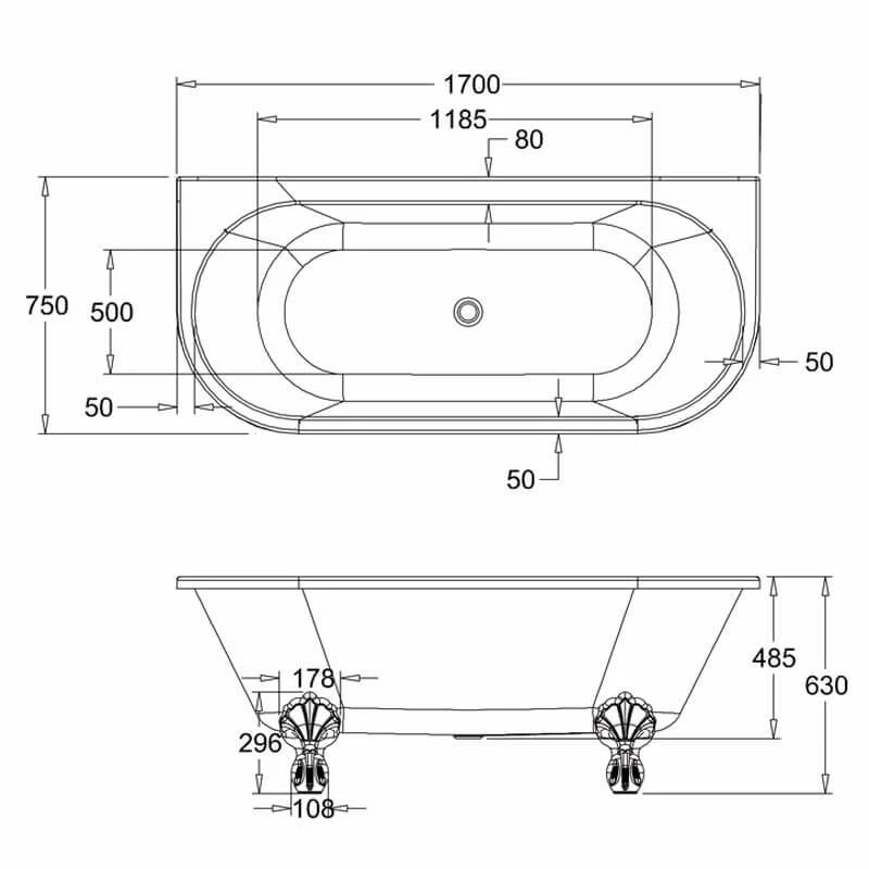 Burlington Avantgarde Double Ended Back To Wall 1700 X 750mm Freestanding Bath No Tap Holes - White - T12D - Image 2